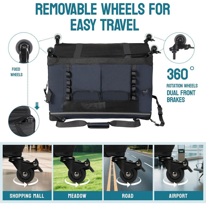 Складана переноска для котів 61 см з колесами - велика переноска для котів та маленьких собак, дихаюча та стійка для подорожей на авто (до 20 кг), морська синя
