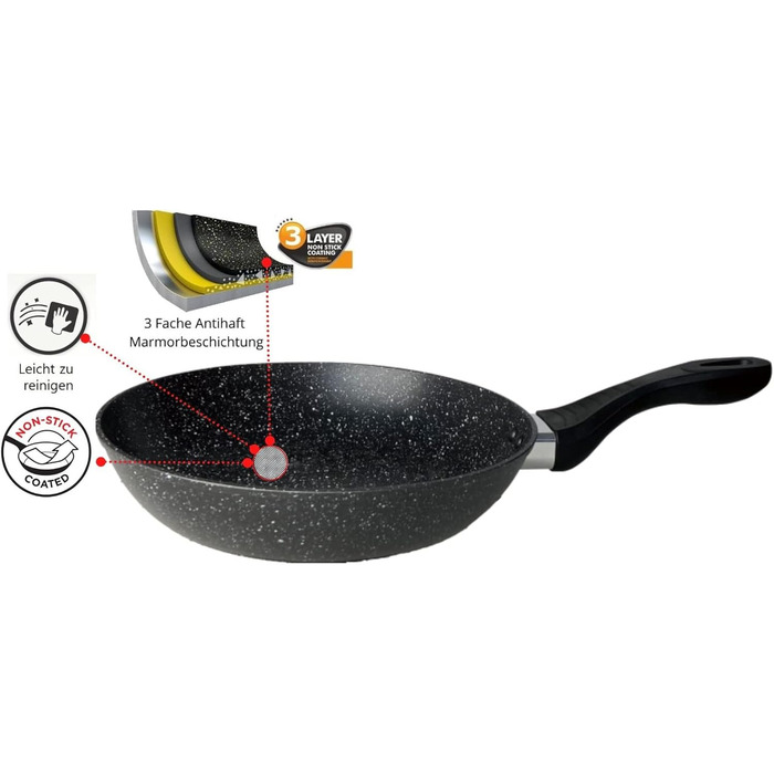 Набір сковорідок, чорний колір, з ефектом граніту - 3 шт. (28 см + 24 см + 20 см), антипригарне покриття, для індукційних, газових та склокерамічних плит
