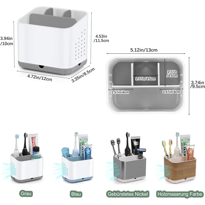 Тримач для зубних щіток з пластику, антиковзкий, для електричної зубної щітки, сірий, з 4 слотами, з піддоном для зливу води