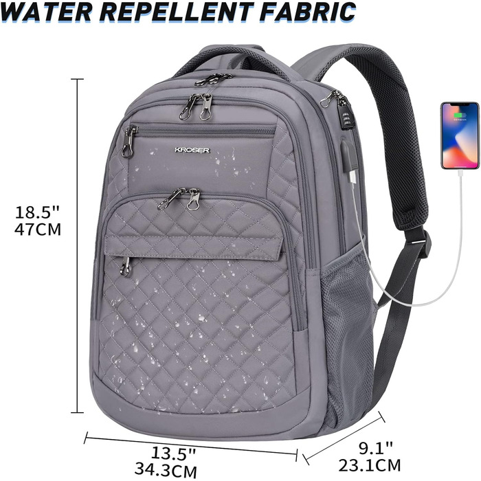 Рюкзак для ноутбука KROSER 17.3'' - бізнес, шкільний, туристичний з USB та RFID-захистом (сірий)