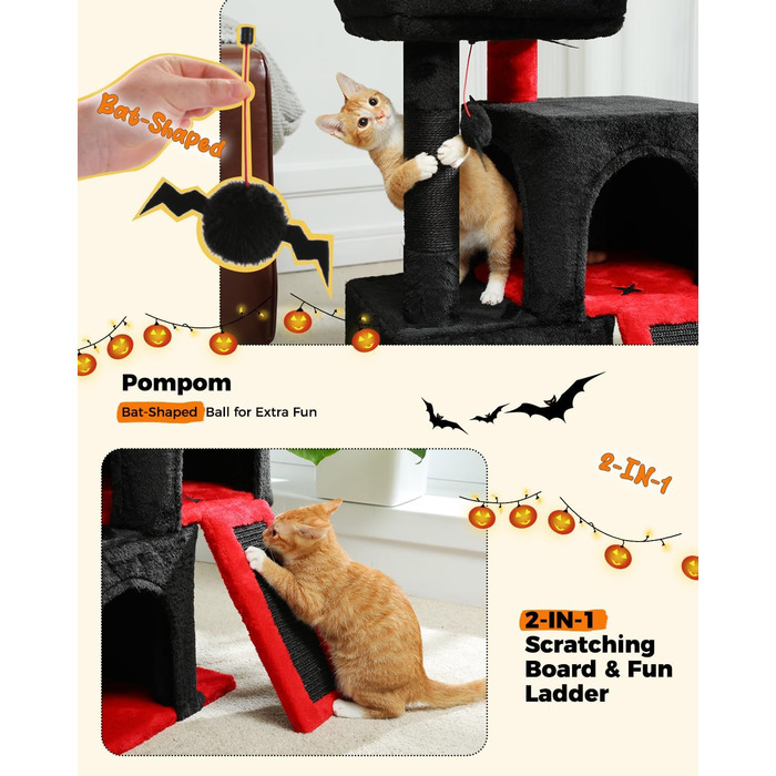 PETEPELA Scratching Post with Dual Condos for Apartment Cats, All-in-One Cat House with Padded Perch, Scratch Ramp & Post, and Replaceable Balls (Black, S 77cm)