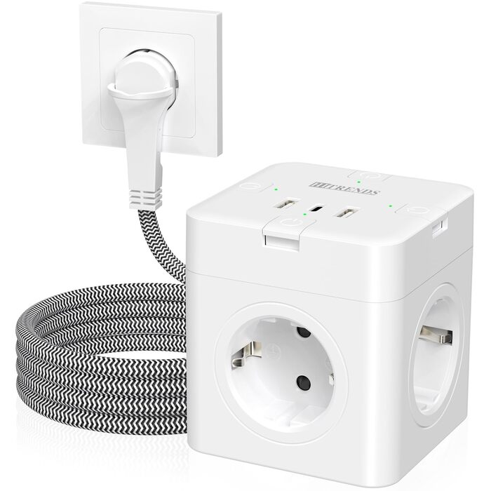 Блок розеток з USB-C, 4 розетки, плоский штекер, індивідуальне вмикання, сплетене кабель 2м для офісу, дому, подорожей - білий