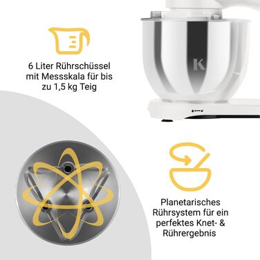 KLAMER 1800W Stand Mixer - Stainless Steel Bowl 6L, 10 Speed Settings, Timer, Planetary Mixing, Dough Hook, Whisk & Beater - White