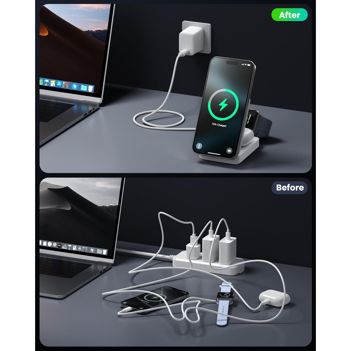 3-в-1 Бездротовий зарядний пристрій: Inductive Qi2, MagSafe, для iPhone 16/15/14/13/12, Apple Watch, AirPods (білий)