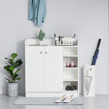 HOMCOM Shoe Cabinet Shoe Rack Chest of Drawers with 2 Doors and 4 Compartments for Entryway in White 83x30x90cm, Space-Saving & Modern