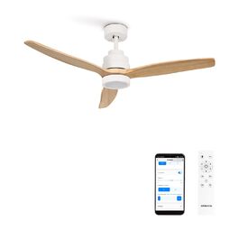 Вентилятор стельовий з підсвічуванням Windstylance Natural Wood L 152 см, білий, дерев'яні лопаті, WiFi, пульт, 6 швидкостей, літній/зимовий режим