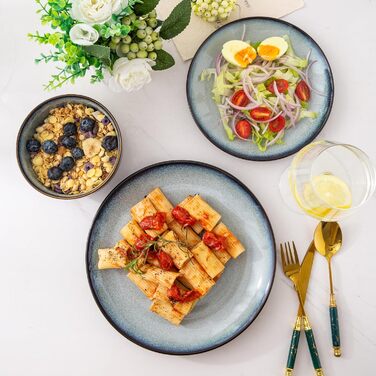 Набір посуду LeRatio для 8 осіб: 24-елементний набір посуду з кераміки з реактивною глазур'ю, стійкий до подряпин, набір тарілок та мисок, придатний для миття в посудомийній машині та використання в мікрохвильовій печі (Ozeanblau, 18 частин)