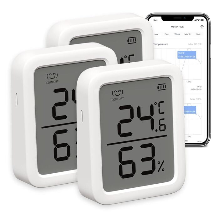 SwitchBot Indoor Thermometer Hygrometer 3-Pack, Indoor Temperature and Humidity Sensor with Smart Alert and 68-Day Data Storage, Bluetooth Room Thermometer for Baby, Home, Garage