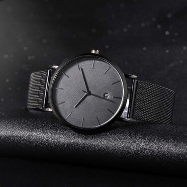 Чоловічий годинник на зап'ясті, аналоговий кварц, мінімалістичний дизайн, сталевий браслет (чорний)