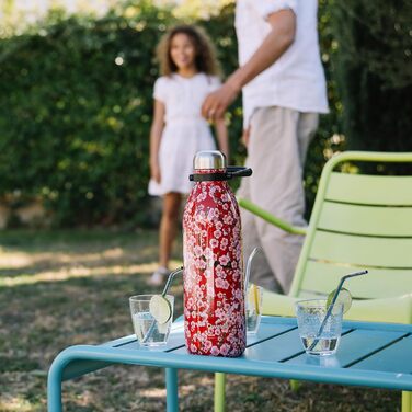 QWETCH 1.5L Stainless Steel & Titanium Thermos Flask - 48H Cold & 16H Hot - Leakproof & BPA-Free Insulated Water Bottle with Handle - Perfect for Camping, Picnics & Family Use (1500ml, Red Flowers)