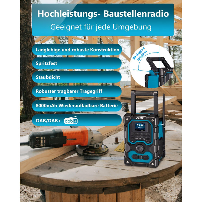 Радіо для будівельного майданчика з DAB+, FM, Bluetooth 5.0, 16W, акумулятор 8000mAh, USB-зарядка, Aux, захист від пилу та вологи (блакитне)