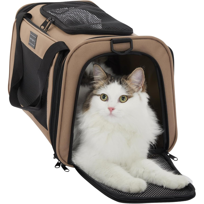 Транспортна переноска для котів та маленьких собак Petsfit, легка сумка-переноска для собак та котів, підходить для авіаперельотів, з захисним ременем та розкладною матрацом, S/Khaki