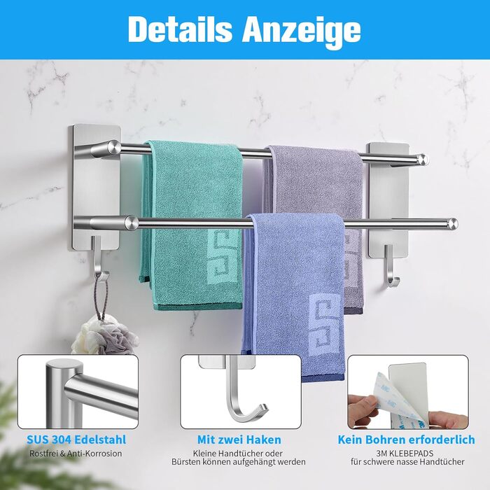 Тримач для рушників без свердління, 60 см, самоклеючий, з гачками, нержавіюча сталь, вологостійкий, для ванної кімнати та кухні, срібляний