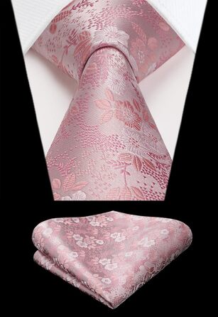Краватка чоловіча HISDERN 160 см з кишеньковим хустинкою. Шовкова краватка для весілля та ділових зустрічей. Елегантний дизайн (E Рожеві квіти)