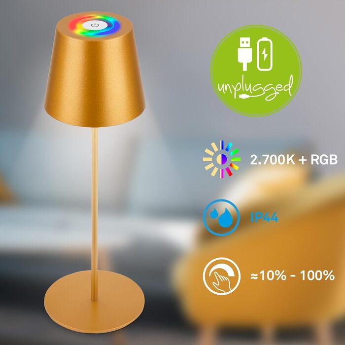 LED настільна лампа BRILONER бездротова з сенсором, диммуванням, регулюванням висоти, для дому та кемпінгу, 36x10,5 см, тепле світло (RGB, тепле біле світло, насадка для пляшок, золотий)