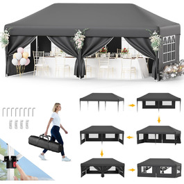 Devoko Gazebo, 2x2 Meter Waterproof, Stable, Winter-Proof Gazebo with 3 Height Adjustments, Foldable Gazebo with UV Protection 50+, Folding Tent, Gazebo with Carry Bag, For Garden, Outdoor, Camping, (3x6m, 6 Side Walls, Grey)