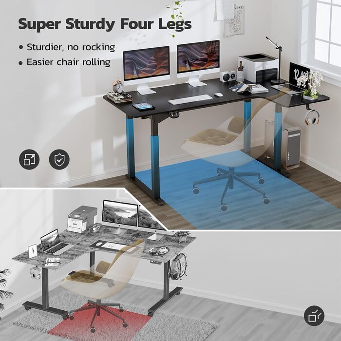 Electric Standing Desk L-Shape 180x110cm - Adjustable Height Desk with Dual Motor - Black Corner Desk with Spliced Board