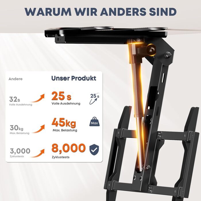 Електричний стельовий кронштейн для телевізора 37-75 дюймів, чорний - похилий, з пультом ДУ, до 45 кг