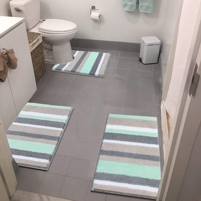 Pauwer Microfiber Bath Mat Set - 3 Piece Non-Slip Absorbent Bathroom Rugs for Shower, Bathtub & Toilet - Washable Bath Mat & Toilet Mat (Green)