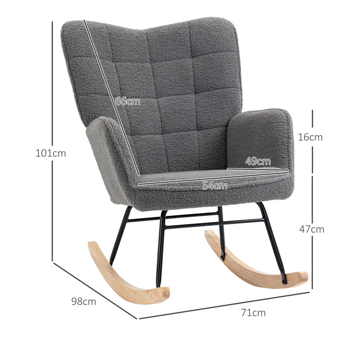 HOMCOM Rocking Chair, Rocking Armchair with Berber Fleece Look, Armrests, Padded Chair with Wooden Runners, Reclining Chair for Living Room, Bedroom, Holds up to 120kg, Dark Grey | Aosom
