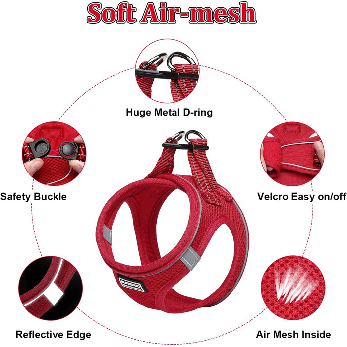 Нашийник для собак з повідком Anti-Pull, світловідбиваючий, для маленьких собак, кошенят, тварин (Червоний, S)