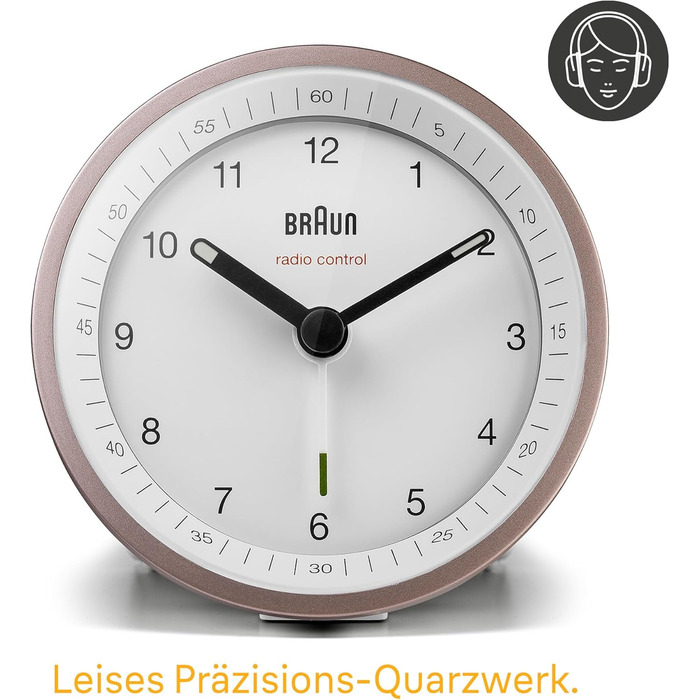 Classic analog radio alarm clock by Braun for the Central European Time zone (CET/GMT+1) with snooze function, lighting, quiet movement, crescendo alarm in white and rose, model BC07PW-DCF