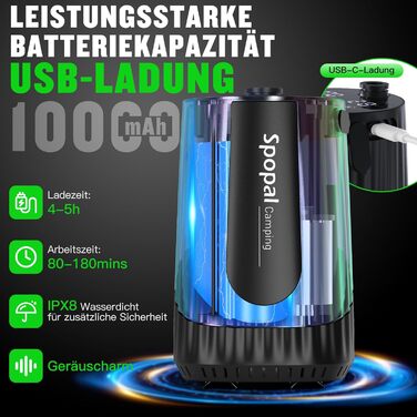 Портативна душова кабіна Spopal для кемпінгу, 10000mAh, з насосом та аксесуарами. Чорний колір. Ідеально для кемпінгу, відпочинку, автомийки та догляду за тваринами.