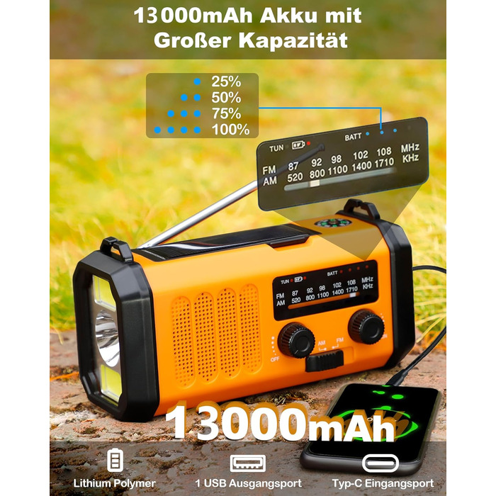 Радіо з сонячною панеллю та ручкою 48100 мВт/год, 13000 мАг, AM/FM, з ліхтарем 700 лм, SOS-сигналом, водонепроникне IPX4, для кемпінгу та надзвичайних ситуацій (Помаранчевий)