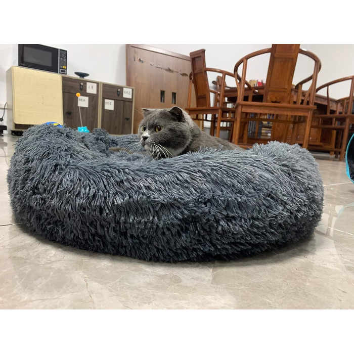 Кругле ліжко для котів та собак, 60 см, м'яке, миється, плюшеве, сірий колір (L)