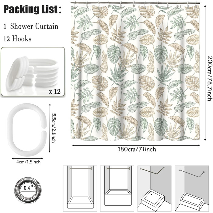 Штора для душу 180x200 см, текстильна, зелена. Матеріал: поліестер, антигрибкова, водонепроникна, з обтяженим краєм, з люверсами та 12 кільцями для душу. Підходить для ванни.