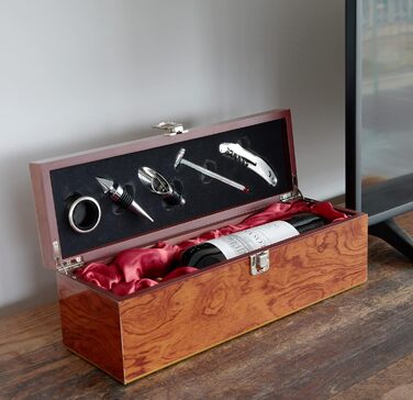 Набір аксесуарів для бару BRUBAKER 6-в-1 з ящиком для вина - дизайн з благородного дерева - набір сомельє з нержавіючої сталі з виливальником + пробкою + термометром для вина + кільцем від крапель - подарунковий набір сріблястого кольору