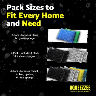 Squeezzee Soap-Filled Sponges – Scratch-Resistant Scrub Sponge with Built-in Dish Soap – Double-Sided Kitchen and Household Cleaning Sponges – Up to 300 Washes Per Sponge – 6 Pack