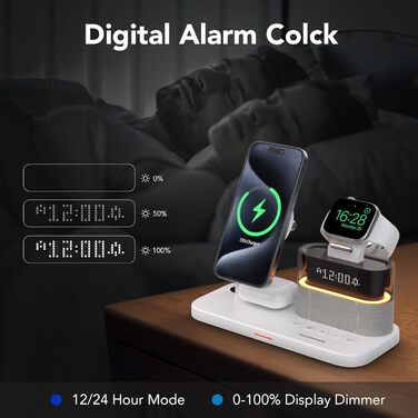 Багатофункціональна бездротова зарядка 5 в 1 з годинником для Apple iPhone, Apple Watch, AirPods (біла)