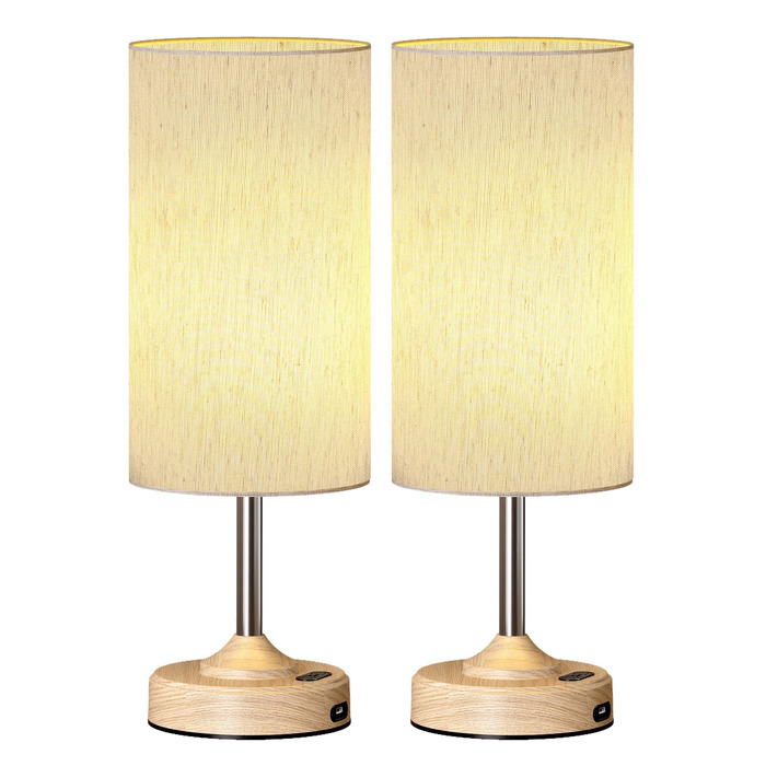 Нічна лампа EZVALO з димером та USB-C зарядкою, LED, 4000mAh, дерев'яний сокет, 2 шт.