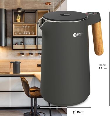 BALTER Stainless Steel Kettle with Temperature Setting, 45°C-100°C, Double-Walled, BPA Free, Quiet & Cordless, Keep Warm Function, Tea Kettle with Temperature Display, 1.5L, 2200W, Black (Blue Gray)