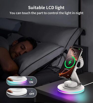 Зарядний пристрій MagSafe 3-в-1 для Apple Watch та iPhone, складний, поворотний з регулюванням світла, бездротовий зарядний станція MagSafe для iPhone 16/15/14, AirPods (без адаптера)