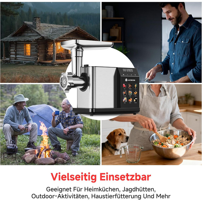 М'ясорубка електрична AAOBOSI 3000W з LED-дисплеєм, 3 швидкості, анти-затор, контейнер для зберігання, для ковбас та кібе, срібляста