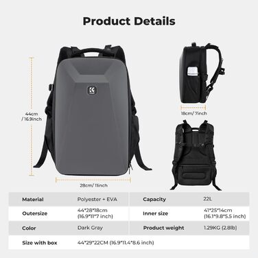 Рюкзак для фотоапарата K&F Concept з жорстким відділенням, для ноутбука 15.6