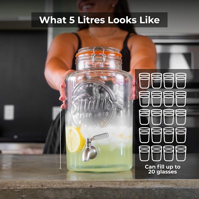 Скляний диспенсер для напоїв Smiths Mason Jars з нержавіючою сталею – 5 л, для вечірок та заходів на відкритому повітрі
