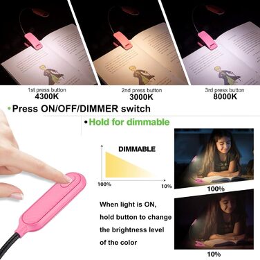 Ліхтарик для читання BIGMONAT з кліпсою, USB, 6 LED, 3 режими яскравості, гнучкий, рожевий