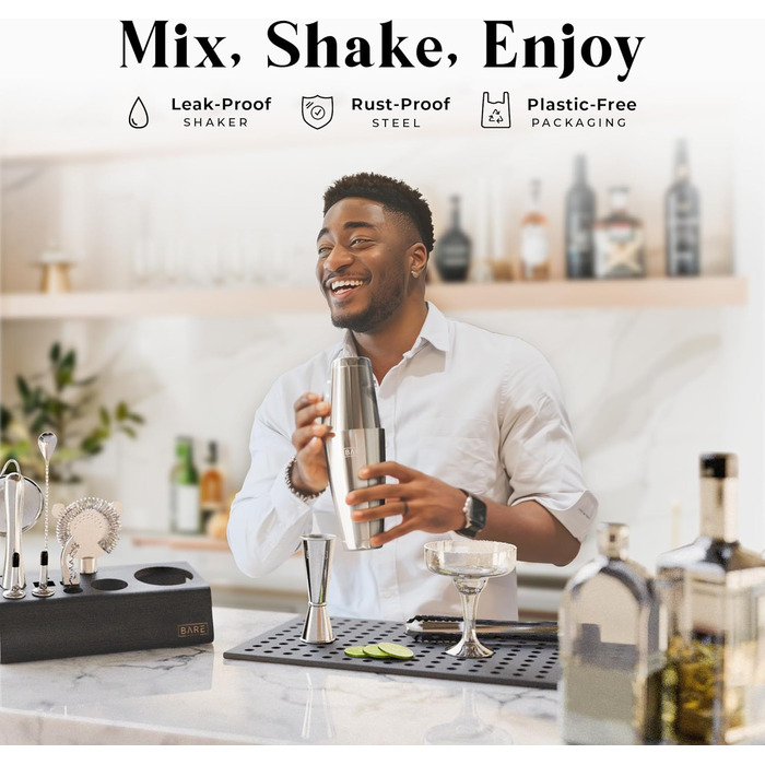 Bare Barrel Pro Cocktail Set - 14-Piece Boston Shaker Bar Set with Stand & Recipe Cards - Jet Black & Silver