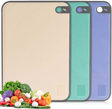 Набір з 3 дерев'яних обробних дощок для кухні, великі, антибактеріальні, з канавкою для соку, стійкі до ковзання, для овочів/фруктів/м'яса, бежевого, зеленого та темно-синього кольорів