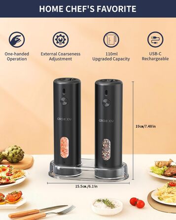 CIRCLE JOY електрична млинка для солі та перцю, з акумулятором, автоматична, 110 мл, регулювання помелу, біле LED-підсвічування, для однієї руки, чорна