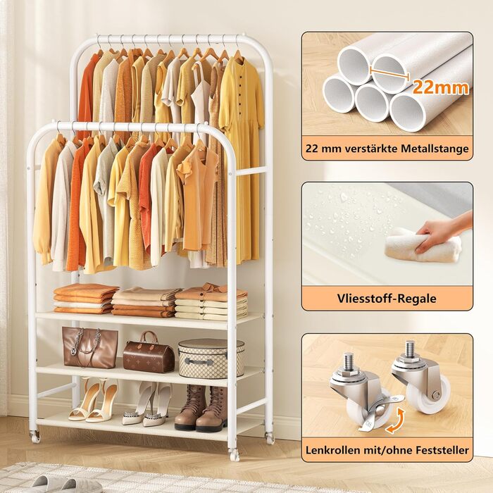 Вішалка для одягу HOMIDEC з 3 полицями, подвійна штанга на колесах, металевий каркас, біла - до 80 кг