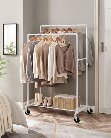 SONGMICS Clothes Rack, Clothes Rod, Coat Rack with 2 Clothes Rods and Shelf, Wheels, Load Capacity up to 110 kg, Industrial Design, for Bedroom, Dressing Room, White HSR060W01