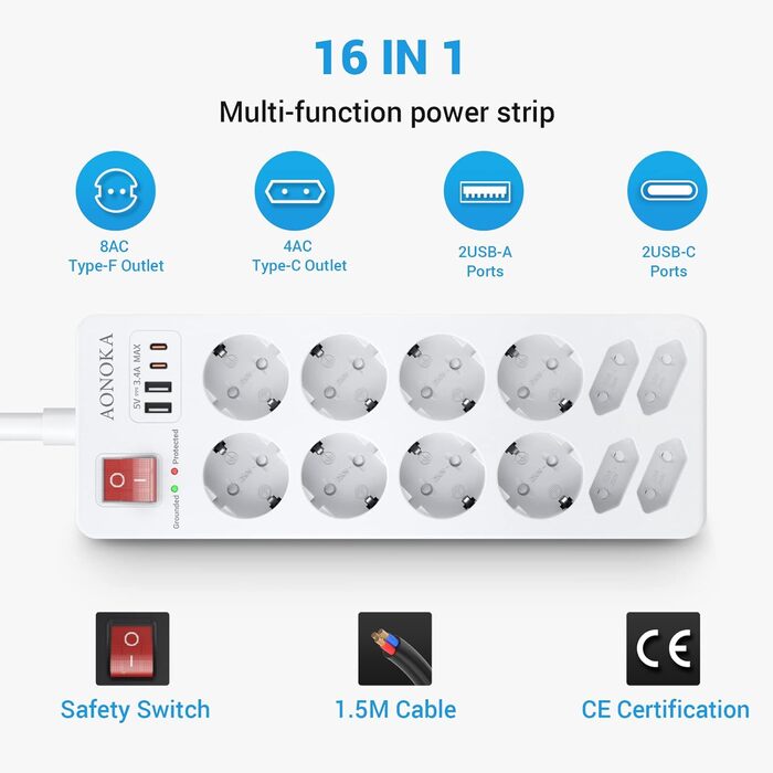 Мережевий фільтр 12-разовий з USB-C, перенапруження до 1700 Дж, з вимикачем, 4 USB-порти, 10 розеток, чорний, для кріплення на стіну, 1,5 м