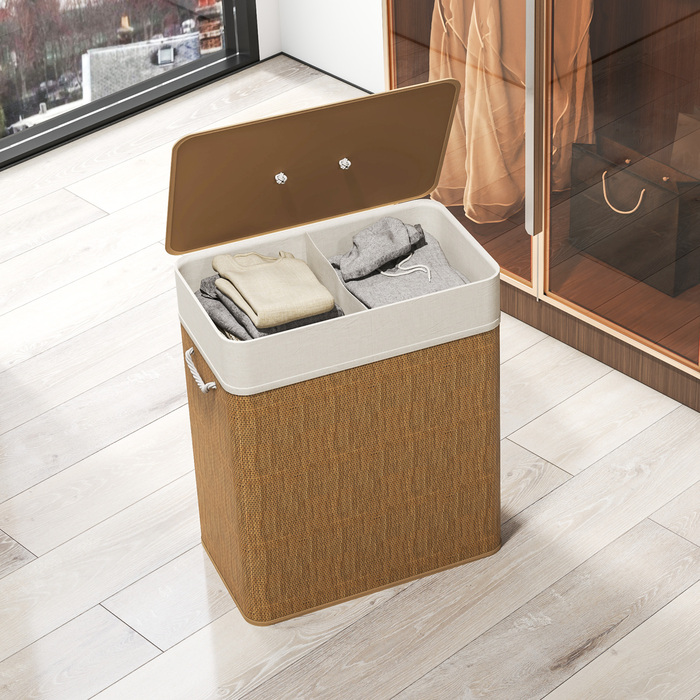 Кошик для білизни HOMCOM з бамбука та кришкою, 100 л, з ручками з мотузки, знімний мішок для білизни