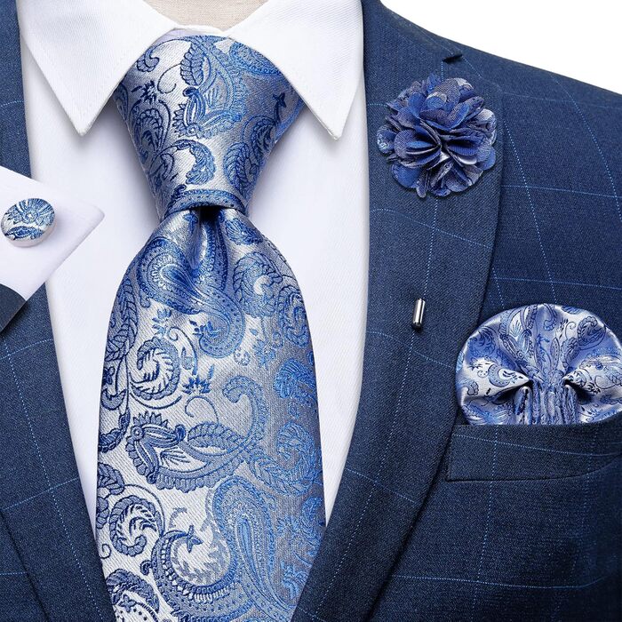 Краватка чоловіча DiBanGu шовкова блакитна з візерунком пейслі, комплект з кишеньковою хустинкою та запонками для весілля, універсальний розмір
