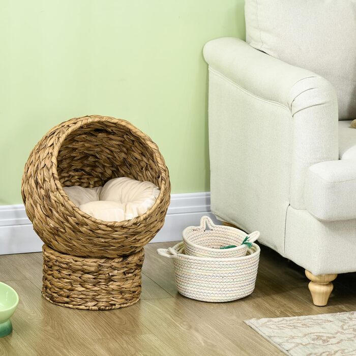 Котячий будиночок PawHut з водяної гіацинти, з подушкою, коричневий, 42x33x52 см – кошик-лежак для котів