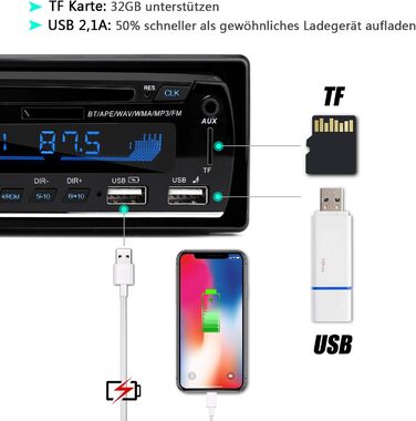 Автомобільна магнітола 1 DIN з Bluetooth, FM-радіо, MP3-плеєром, гучним зв'язком, керуванням на кермі, 2 USB для музики та зарядки